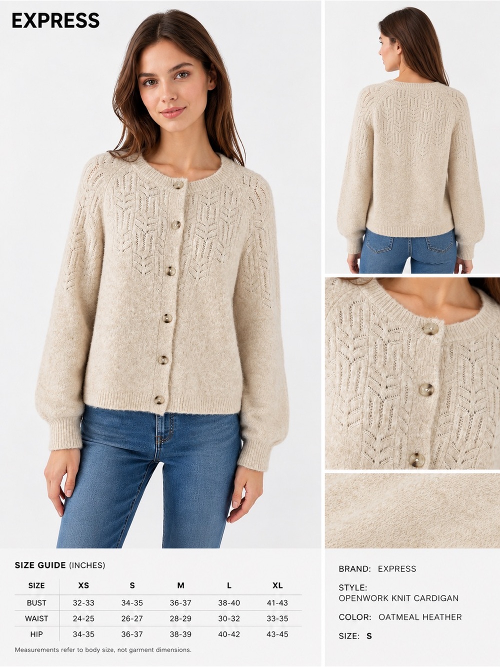 EXPRESS Openwork Knit Cardigan Sweater Size S Cream Cozy Soft Button Front